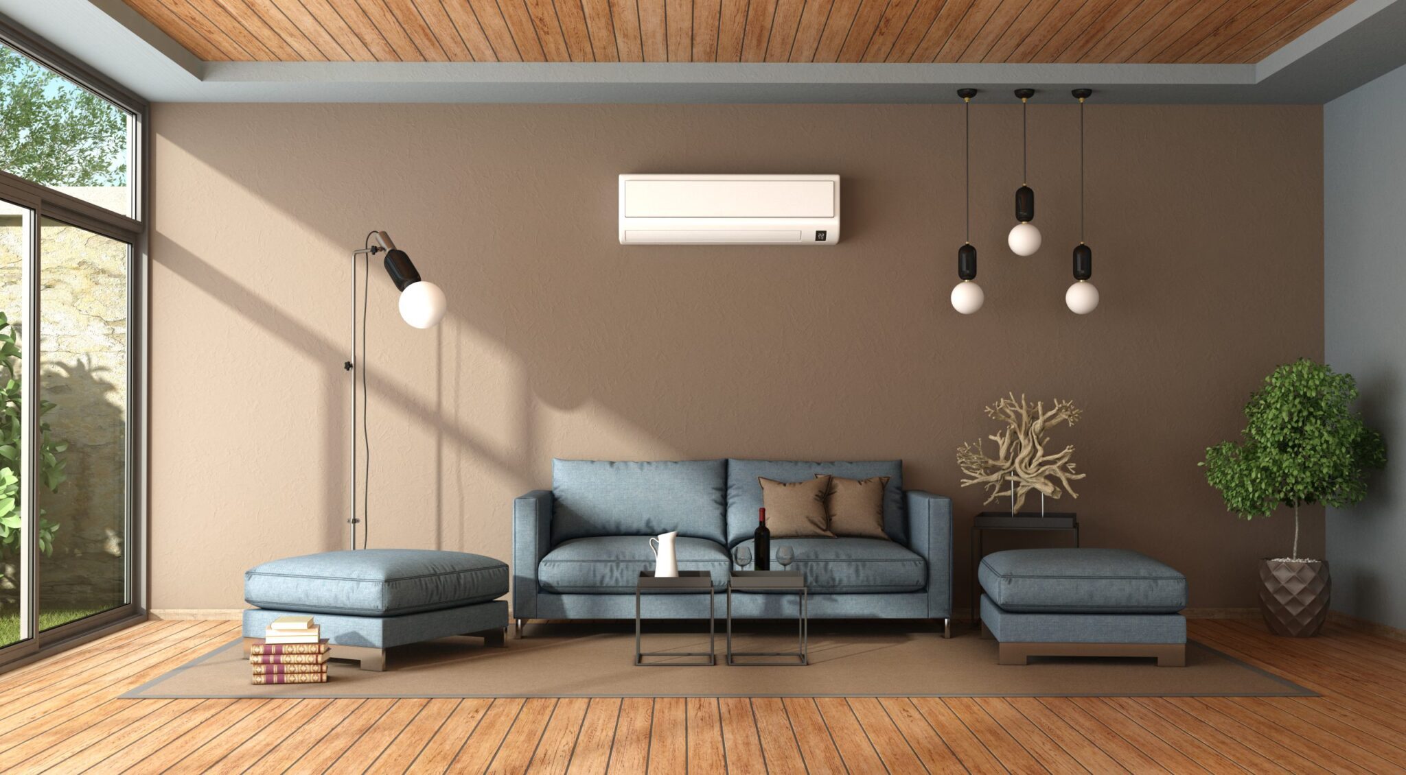 Blue and brown living room with air conditioner , sofa and footstool - 3d rendering